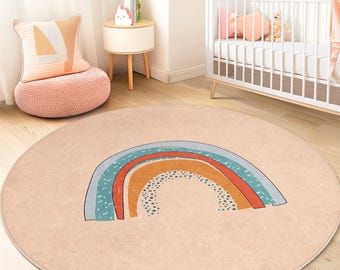 STARUIA Round Rainbow Rug For Girls Bedroom, 4 Ft Washable Kids Rug For Baby Nursery, Non-Slip Circle Area Rug Colorful Princess Carpet For Teen Dorm Playroom Tent