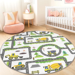 Rond bouwgebied kinderspeelkleed, vloerkleed vrachtwagen en wegenkaart, speelkamerdecor, kinderkamertapijt, zachte speelmat voor kinderen