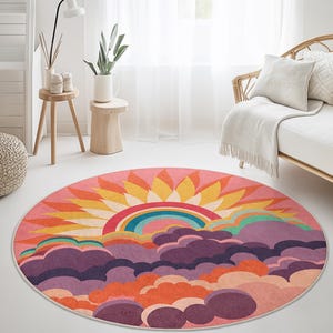Sunrise and Rainbow Round Area Rug, Colorful Bohemian Rug, Vibrant Home Decor, Modern Round Carpet, Living Room Accent Rug, Artful Floor Mat