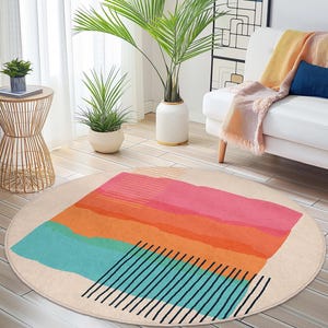 Colorful Abstract Round Area Rug | Modern Artistic Home Decor | Soft Cotton Floor Mat | Eye-Catching Living Room Carpet