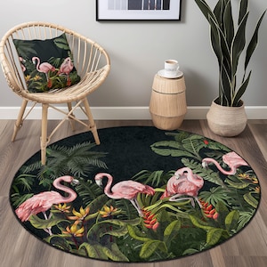 Tropical Flamingo Round Area Rug, Exotic Flamingo Carpet, Round Living Room Rug, Bohemian Home Decor, Tropical Jungle Rug