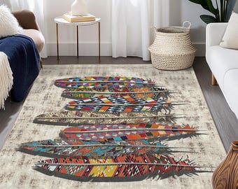Colorful Feather Pattern Rectangular Area Rug, Bohemian Style Living Room Carpet, Unique Home Decor, Soft Indoor Rug