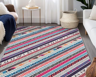 Colorful Geometric Striped Area Rug, Modern Rectangular Carpet, Bohemian Home Decor, Living Room Rug, Bedroom Floor Mat