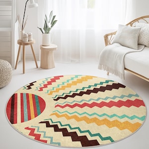 Colorful Geometric Round Rug, Stylish Circle Area Rug, Modern Home Decor, Boho Chic Rug, Living Room Accent Rug