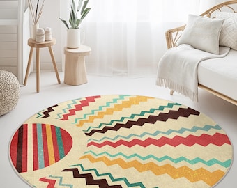 Colorful Geometric Round Rug, Stylish Circle Area Rug, Modern Home Decor, Boho Chic Rug, Living Room Accent Rug