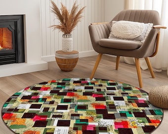 Colorful Geometric Round Area Rug, Modern Circular Rug for Living Room, Bohemian Style Home Decor, Unique Round Carpet