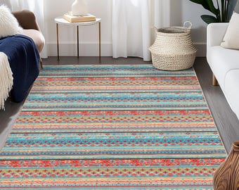Colorful Geometric Pattern Rectangular Rug | Vibrant Bohemian Style Carpet | Modern Living Room Decor | Soft Washable Area Mat