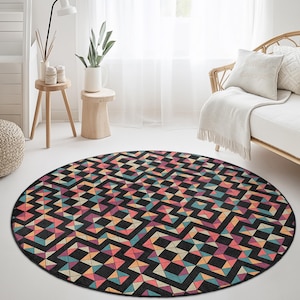 Geometric Pattern Round Area Rug, Colorful Boho Round Carpet, Modern Home Decor, Living Room Rug, Stylish Round Floor Mat