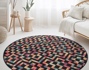 Geometric Pattern Round Area Rug, Colorful Boho Round Carpet, Modern Home Decor, Living Room Rug, Stylish Round Floor Mat