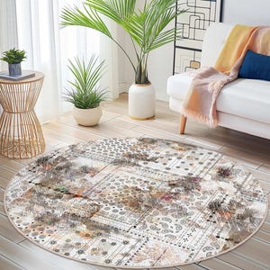Alfombra redonda con estampado floral, estilo bohemio chic, decoración para sala de estar, suave y floral, moderna y para cualquier habitación.