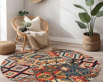 Colorful Geometric Round Area Rug, Bohemian Floor Mat