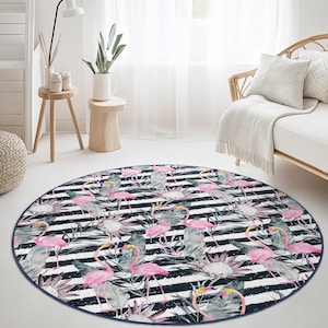 Elegant Flamingo Round Area Rug, Tropical Floral Pattern Carpet, Boho Chic Living Room Decor, Round Rug for Home, Stylish Round Mat