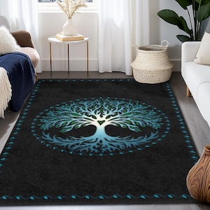 Baum des Lebens Rechteckiger Teppich, Natur inspirierte Wohnkultur, Wohnzimmerteppich, Teppich im Boho-Stil, Waldteppich