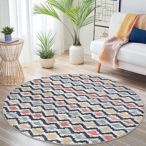 Colorful Geometric Round Area Rug, Modern Round Carpet, Boho Decor, Living Room Rug, Bedroom Accent Rug, Stylish Round Rug