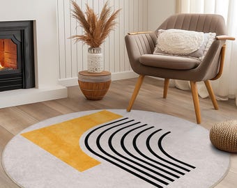 Modern Abstract Round Area Rug | Soft Cotton Carpet for Living Room | Stylish Home Decor | Unique Geometric Design