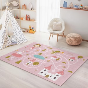 Princess Castle Adventure Kids Rug, Pink Play Mat for Girls, Rectangular Fairy Tale Rug, Kids Room Decor, Playroom Carpet