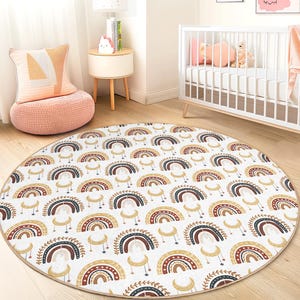 Rainbow Pattern Round Kids Rug, Colorful Playroom Carpet, Soft Nursery Rug, Boho Decor for Children&#39;s Room, Play Mat for Toddlers