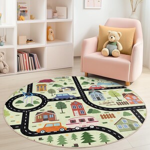 Wegenkaart speels rond kindertapijt, interactieve speelmat voor kinderen, zacht tapijt voor speelkamer, decoratie kinderkamer, kinderkamertapijt