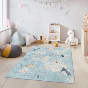 World Map Adventure Kids Rug, Hot Air Balloon Play Mat, Educational Kids Carpet, Rectangular Nursery Rug, Kids Room Decor