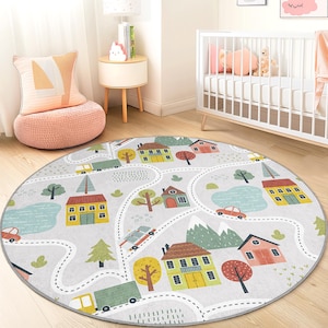 Kleurrijk rond kinderspeelkleed, tapijt met wegenkaart, speelkamerdecor, zacht kinderkleed, kinderkamertapijt, interactieve speelmat