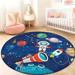 Space Adventure Round Kids Play Rug, Astronaut Kids Rug, Galaxy Themed Carpet, Playroom Decor, Cosmic Rug for Children
