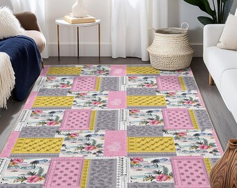 Tapis rectangulaire design patchwork floral, Tapis de salon coloré, Décoration d'intérieur moderne, Tapis de sol élégant, Tapis de salon