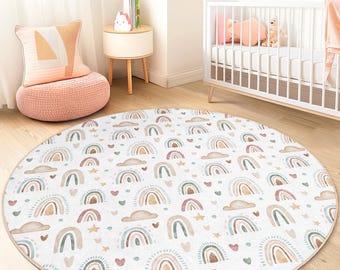 Rainbow Cloud Kids Round Rug: Playroom Nursery Decor