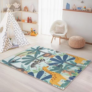 Jungle Safari Kids Area Rug, Animal Print Rectangular Rug for Nursery, Playroom Decor, Soft Carpet for Children