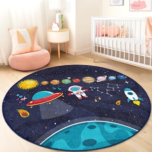 Space Adventure Round Kids Rug, Astronaut and Planets Play Mat, Galaxy Themed Soft Carpet for Kids Room, Nursery Decor