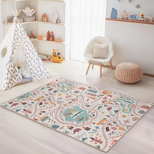 Colorful Adventure Road Map Kids Rug, Rectangular Play Mat for Children, Soft Nursery Decor, Fun Learning Area Rug