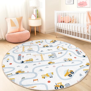 Baustelle Runder Kinder Spielteppich, Kinder Straßenkarte Teppich, Spielzimmer Dekor, Kinderzimmer Teppich, Weiche Spielmatte für Kinder