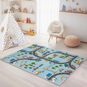 Construction Site Kids Play Rug, Truck and Vehicle Patterned Rectangular Rug, Road Map Carpet for Kids Room, Nursery Decor
