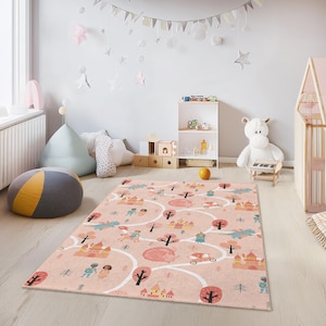 Fairy Tale Adventure Kids Rug, Princess Castle Rectangular Rug, Playroom Decor, Soft Nursery Carpet, Fantasy Theme Kids Carpet
