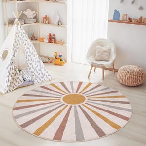 Sunburst Round Area Rug for Kids Room, Warm Tones Round Carpet, Soft Play Mat, Nursery Decor, Kids Bedroom Rug, Playroom Accessory