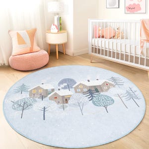Winter Wonderland Round Kids Rug, Cozy Snowy Village Rug, Nursery Decor, Playroom Rug, Kids Room Carpet, Soft Round Rug