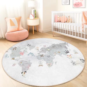 Schattige dierenwereldkaart rond tapijt, speelkamerdecor, kinderkamertapijt, zachte speelmat voor kinderen, educatief kindertapijt