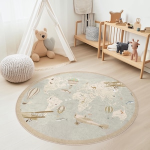 Tappeto rotondo con mappa del mondo vintage, tappeto per bambini con mongolfiera, arredamento per cameretta a tema viaggio, tappeto per sala giochi, tappeto per area didattica