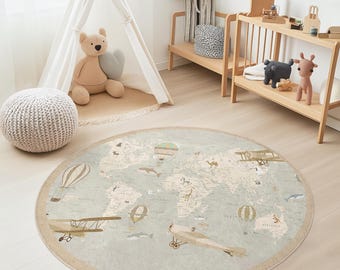 Vintage World Map Round Rug, Hot Air Balloon Kids Rug, Travel Theme Nursery Decor, Playroom Carpet, Educational Area Rug