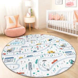 Kleurrijke wegenkaart rond kinderspeelkleed, interactieve speelmat voor kinderen, kinderkamerdecoratie, speelkamertapijt, zacht vloerkleed voor kinderen