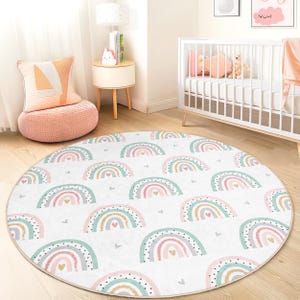 Colorful Rainbow Kids Round Play Rug, Soft Nursery Carpet, Playroom Decor, Baby Room Mat, Cute Rainbow Rug for Children