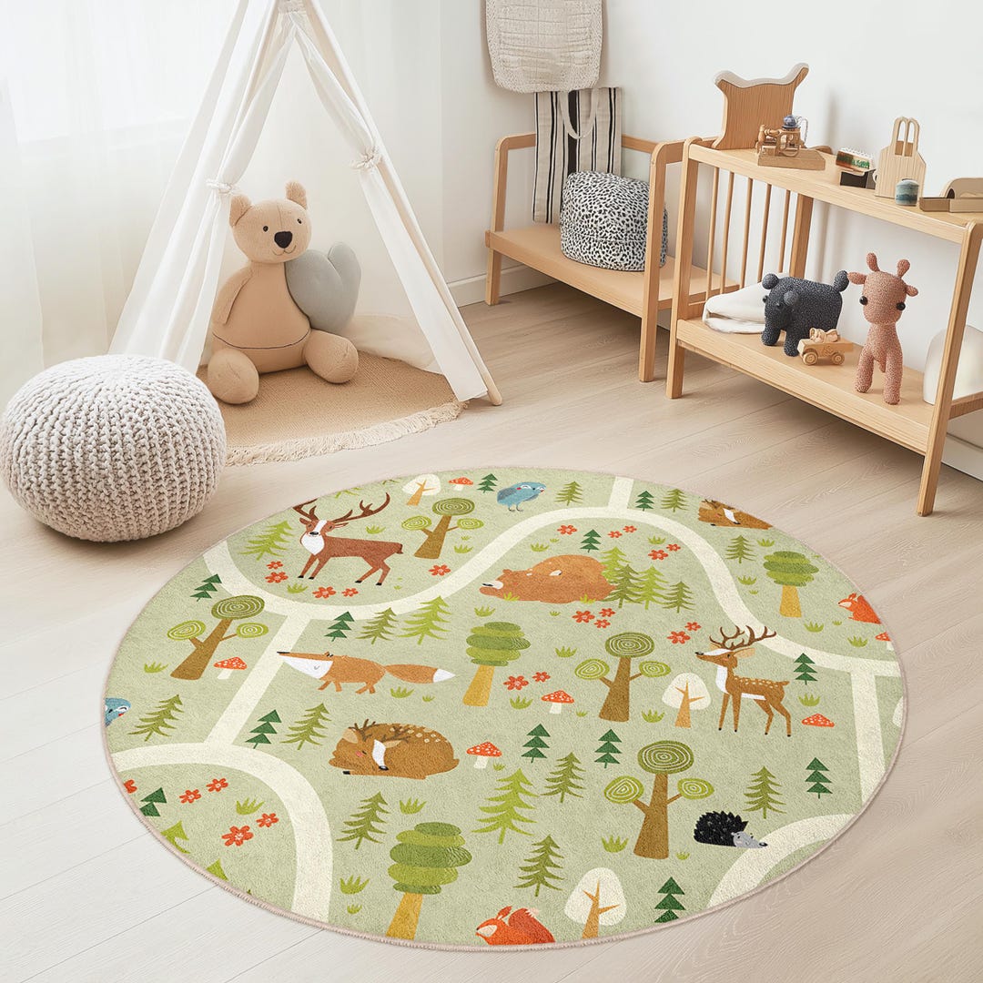 Kids Ranch Rug Forest Adventure Round Kids Rug, Woodland Animals Play Mat, Round ...