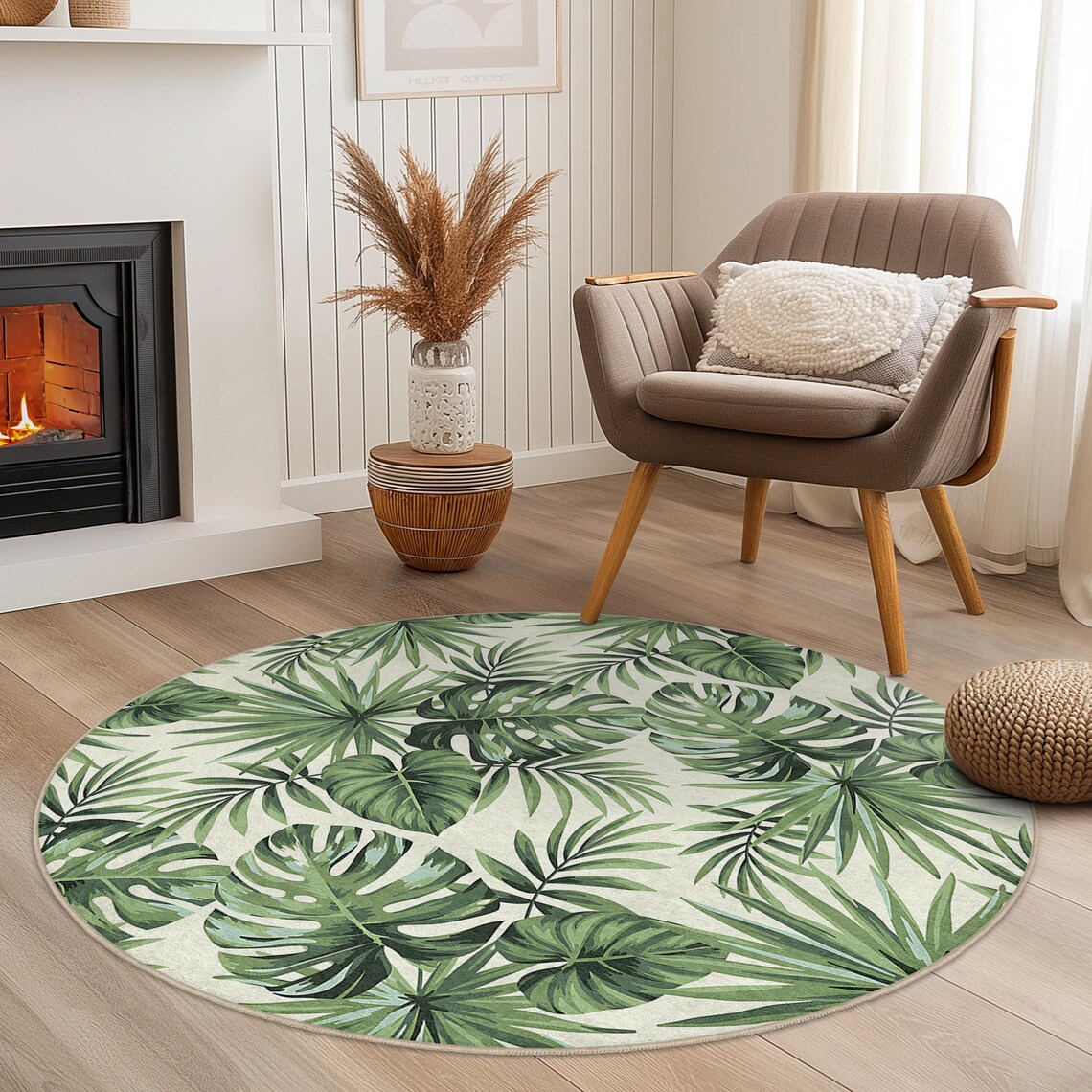 Tropical Leaves Round Area Rug, Green Botanical Indoor Carpet - Etsy