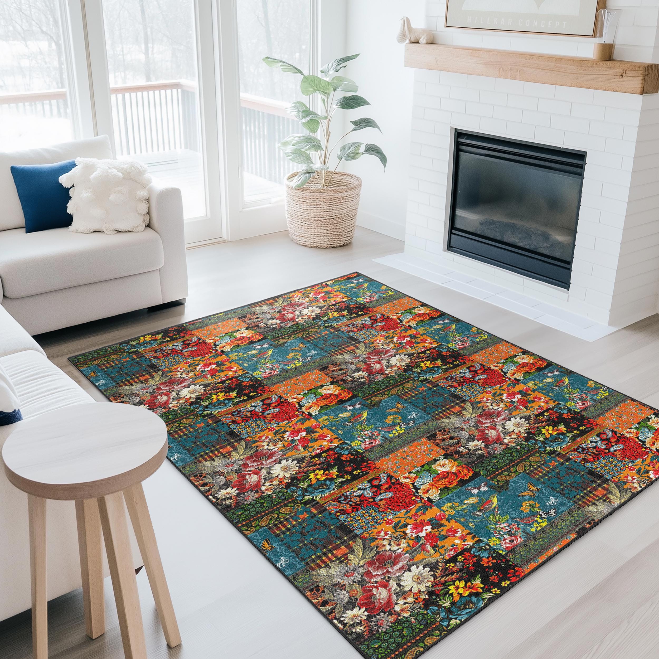 Colorful Floral Patchwork Rectangular Area Rug, Vintage Style