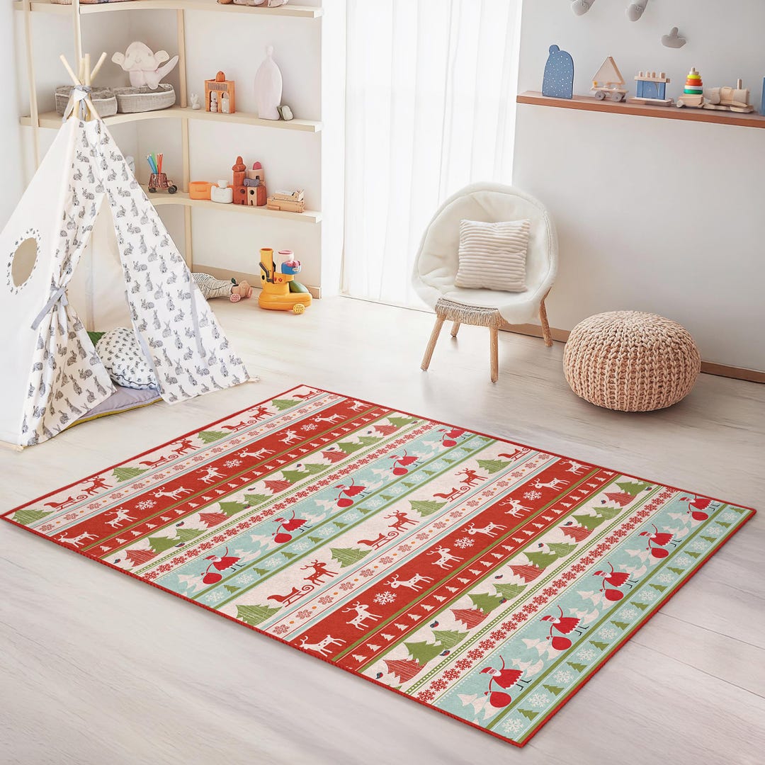 Festive Holiday Kids Rug, Rectangular Christmas Play Mat, Santa ...
