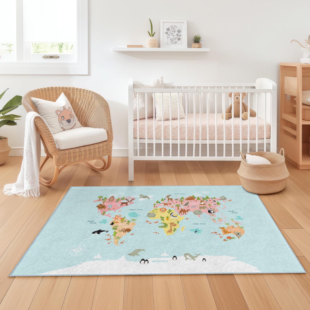 Colorful World Map Kids Rug, Educational Play Mat, Rectangle Kids ...