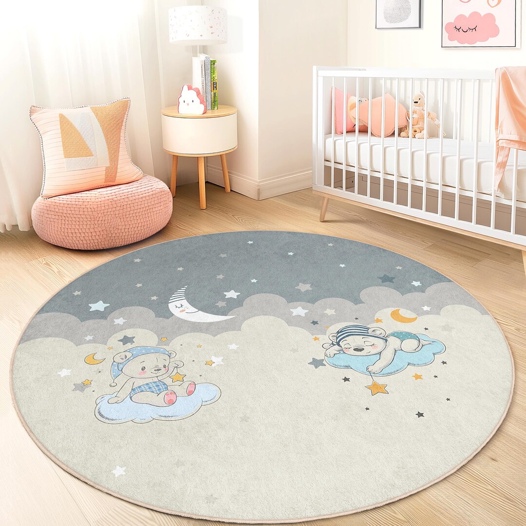 Babay Rugs Dreamy Clouds Round Kids Rug, Nursery Decor, Bear Theme Play Mat, Soft ...