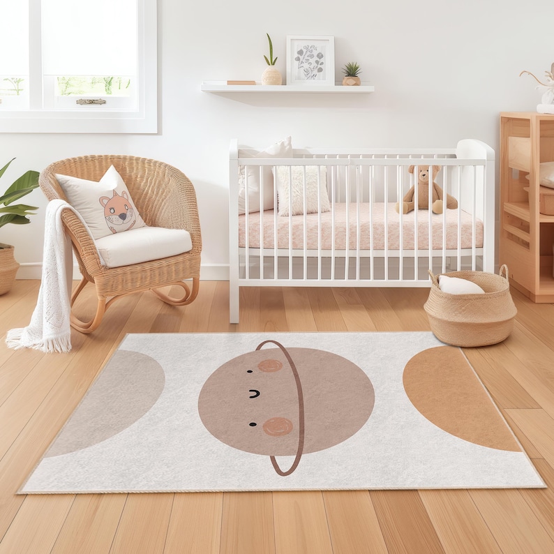 Cute Planet Themed Rectangular Kids Rug, Soft Cartoon Planet Carpet for ...