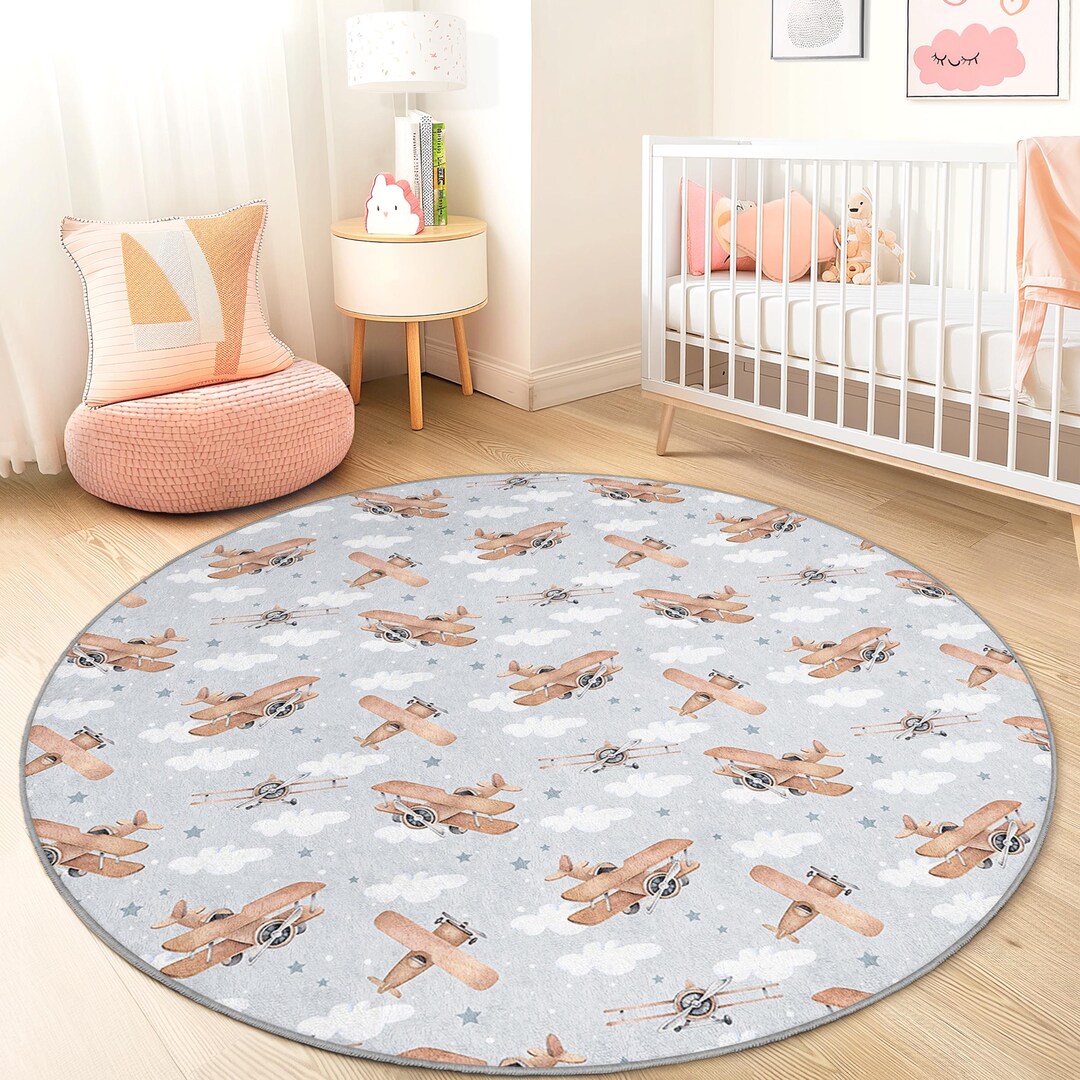 Round Children Rug Vintage Airplane Round Kids Rug, Aviation Themed Nursery Carpet, Cloud ...
