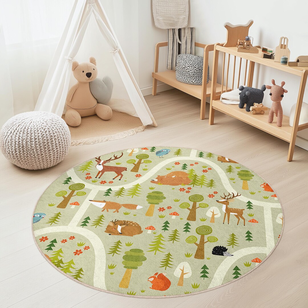 Forest Adventure Kids Play Rug: Woodland Animals Nursery Mat - Etsy