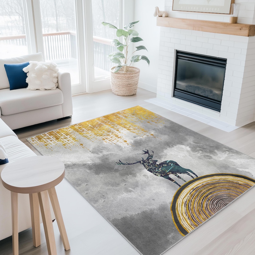 Majestic Stag Print Rectangle Rug | Elegant Deer Design Carpet | Modern ...